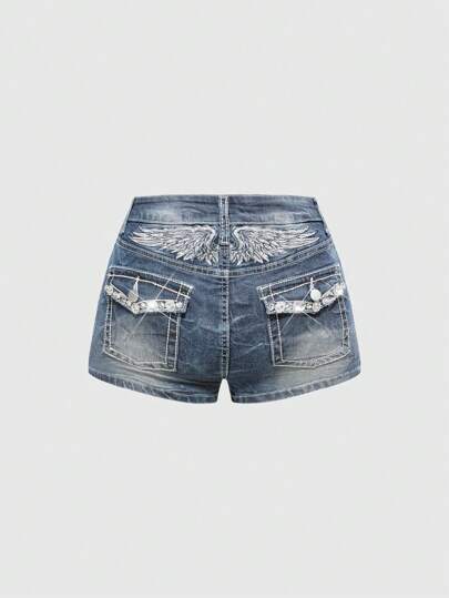 Grunge Punk Y2K Rhinestone Decorated Backside Wing Embroidered Low Rise Shorts