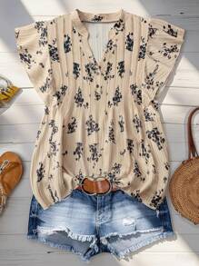 Linhara Plus Size Women Casual Vacation Floral Print Ruffle Trim Shirt - Multicolor - View 1