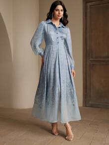 Anewsta 女式优雅蓝色渐变印花长袖喇叭连衣裙 - 藍色 - 查看 5