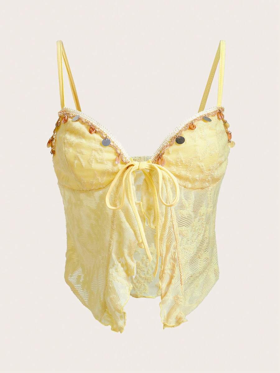 SHEIN ICON 开衩下摆提花面料吊带背心 - 黃色 - 查看 1