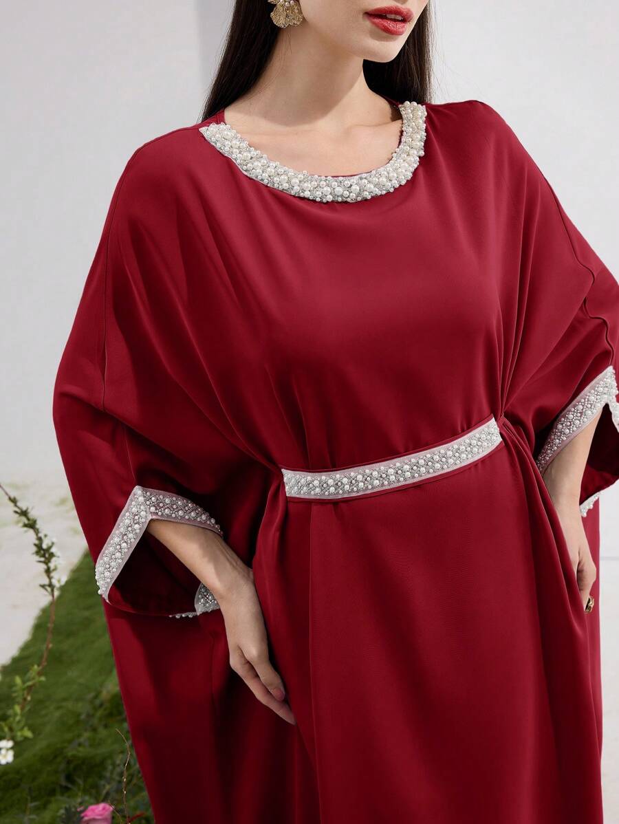 Al Najma 优雅女士珍珠串珠腰部宽松连衣裙 - 紅色 - 查看 1