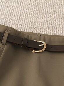 SHEIN PETITE 法式简约纯色假口袋短裙短裤配腰带，舒适休闲女士短裤，夏季 - 摩卡棕 - 查看 6