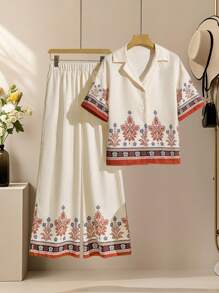 Lacomfia 2件套休闲装-短袖定位花印花衬衫+定位花印花裤，春夏 - 彩色 - 查看 1