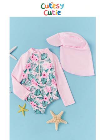 SHEIN Baby Girl Casual Plant Pattern Colorblock Long Sleeve One-Piece Swimsuit With Hat
