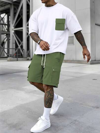 Manfinity Homme Herrset med t-shirt och shorts i kontrastfärg, fickor, sommarset för män, 2-delat set med korta kläder