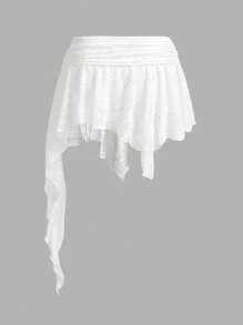 SHEIN ICON 女式蕾丝拼布米色不对称抽绳迷你裙，夏季 - 白色 - 查看 2