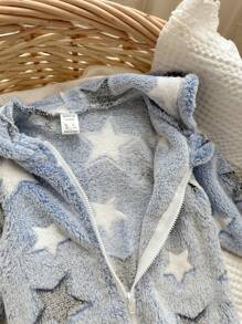 Baby Boys Blue Warm Thermal Lined Star Print Hooded Zipper Front Jumpsuit, All-Match Outfit For Fall & Winter - Blue - View 4
