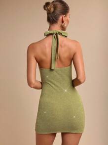 COSMINA 女式无袖纯色圆形装饰项链修身迷你连衣裙 - 橄欖綠 - 查看 3