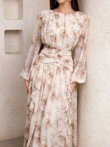 Veilorie Off Shoulder Waist Pleated Romantic Ruffle Trim Comfortable Elegant Summer Dress - Multicolor - View 1