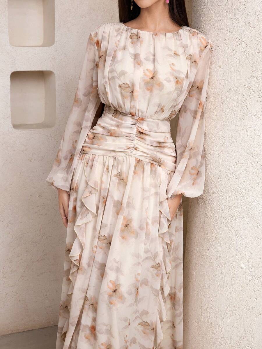 Veilorie Off Shoulder Waist Pleated Romantic Ruffle Trim Comfortable Elegant Summer Dress - Multicolor - View 1