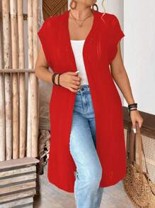 SHEIN LUNE 大码女款无袖镂空薄款长款开衫，适合度假、通勤、圣帕特里克节、春夏季 - 紅色 - 查看 7