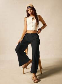 Easelle Women's Black Woven Pocket Fashion Wide Leg Barrel Leg Pants - Black - View 7