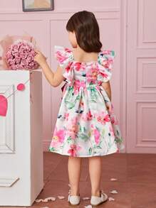 Fern Glow  Young Girl  Floral Toddler Girls Floral Print Ruffle Trim Bow Front Dress,Summer Clothes