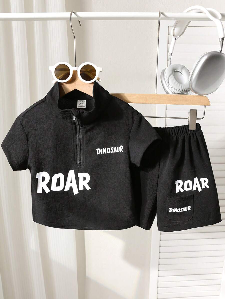 SHEIN 2件套男童夏季休闲韩版可爱字母印花中式领上衣短裤套装 - 黑色 - 查看 1