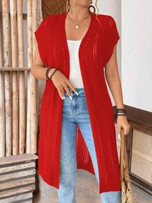 SHEIN LUNE 大码女款无袖镂空薄款长款开衫，适合度假、通勤、圣帕特里克节、春夏季 - 紅色 - 查看 3