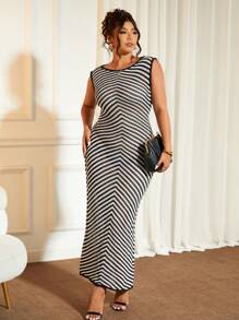 Elenzga 圆领撞色条纹修身宽松针织长裙，加大码女式无袖毛衣裙，适合夏季、度假、派对、优雅、正式、晚礼服 - 黑色 - 查看 2