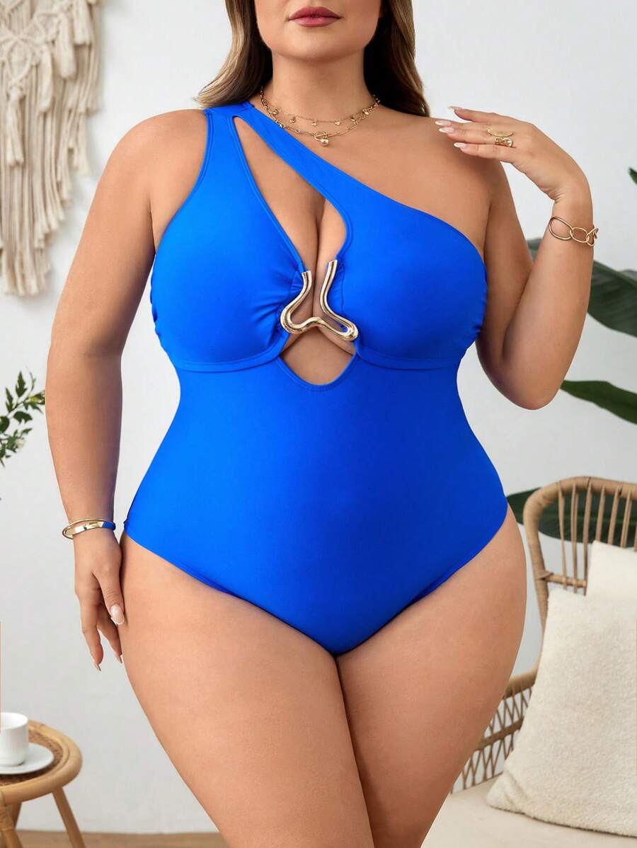 SHEIN CURVE+ 女式加大码金属装饰连体泳衣，蓝色