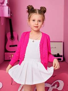 SHEIN Young Girl V-Neck Long Sleeve Cardigan With Heart Pattern,In Fall/Winter - Hot Pink - View 3