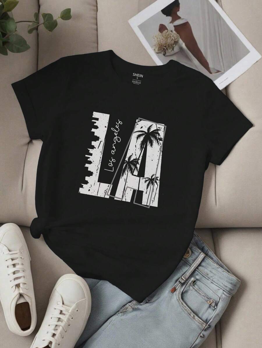 SHEIN Unity 女款标语字母印花短袖T恤 LOS ANGELES 图案T恤 女款上衣 - 黑色 - 查看 1