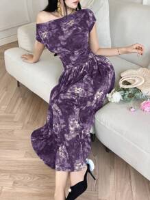 Modelyn 女士夏季时尚扎染印花不对称领口上衣和裙子两件套 - 紫色 - 查看 4