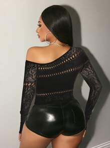 BamGleam Áo cánh lưới rỗng cổ chữ V tay dài không đối xứng màu trơn cho nữ - màu đen - Xem 2