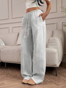 SHEIN PETITE 粉色条纹棉质低腰抽绳斜口袋直筒阔腿裤，休闲优雅百搭，适合春夏季娇小女性