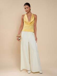 COSMINA Áo ba lỗ hở lưng màu trơn cổ xếp ly chéo cho nữ, mùa hè - Màu vàng - Xem 6