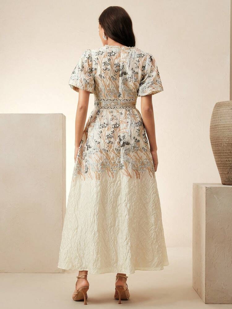 Women's Floral Print Elegant Dress With Collar V-Neck Sleeves