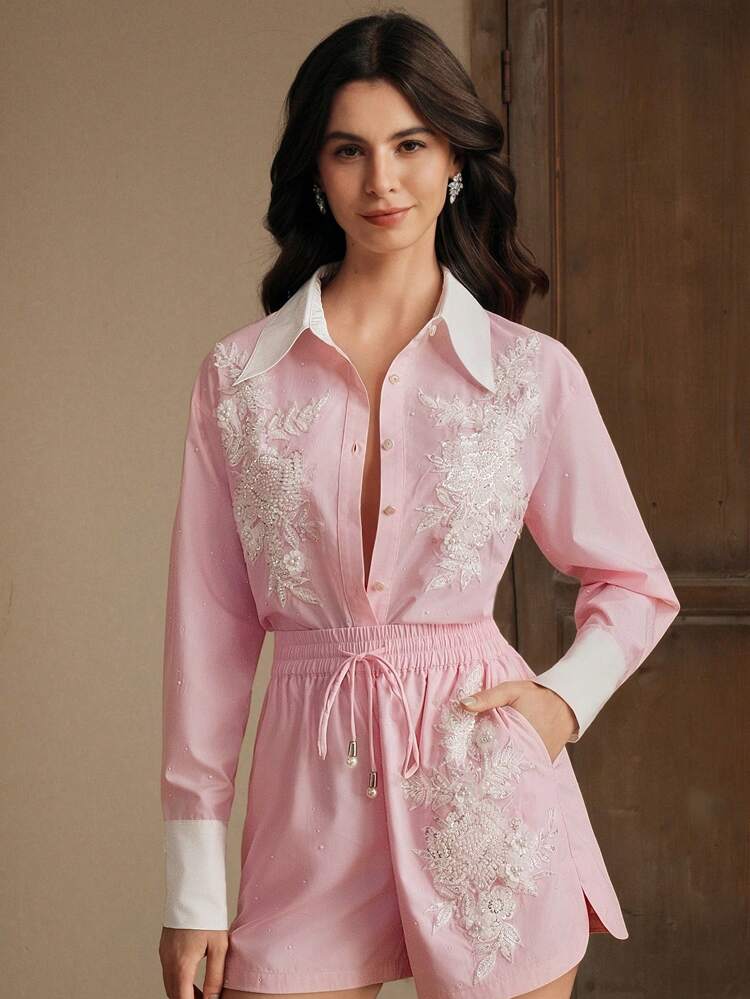 Women's Embroidered Front Button Long Sleeve Casual Blouse