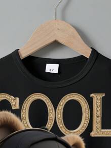 2pcs Young Boy Cool Bear Print Round Neck Short Sleeve T-Shirt & Letter Graphic Loose Shorts Black Street Set - Multicolor - View 3