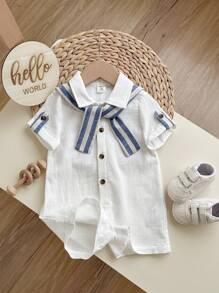 Baby Boy/Girl Casual Academy Resort Solid Color Short Sleeve Shirt, Striped Shawl Romper, Suitable For Spring/Summer Wear, Indoor And Outdoor