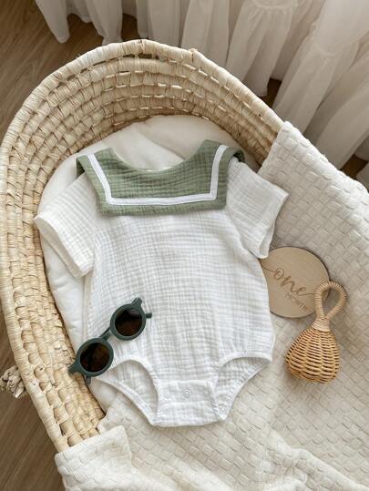 Bộ đồ liền thân tay ngắn phong cách thể thao thường ngày cho bé trai/bé gái, thích hợp mặc vào mùa xuân/hè, trong nhà và ngoài trời