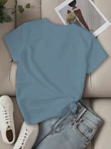 SHEIN Unity Women's Letter Printed Short Sleeve Top LOS ANGELES Graphic Tees Women Tops - Dusty Blue - View 2