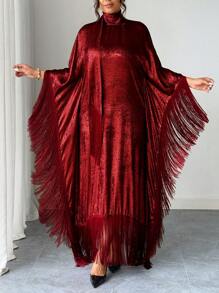 Elenzga Plus Size Women High Collar Batwing Sleeve Fringed Elegant Solid Color Dress - Red - View 5