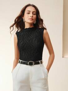 Anewsta Women's Fashion Solid Textured Fabric Sleeveless Ruffled Collar Fitted Camisole - Black - View 3