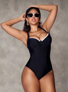 Shapewave 1pc Women's Elegant Swimsuit With Black & White Contrast Color Wide Strap, Steel-Boned Soft Package, Rear Lace-Up Design, Bodyshaper For Summer Beach Vacation - Black and White - View 8