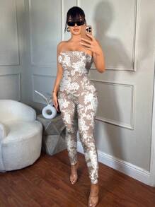 SHEIN SXY Bộ đồ liền thân bó sát họa tiết hoa, phù hợp cho mùa hè - Nhiều màu - Xem 3