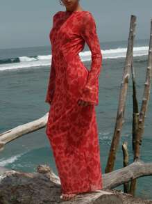 Opulessa Fitted Knitted Fabric Maxi Dress With Extra-Long Sleeves In Elegant Red Red Dress Open Back Dress Red Vacation Dress Backless Dress Red Cover Up