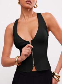 Hauture Women's Solid Color Zipper V-Neck Sleeveless Bodycon Top