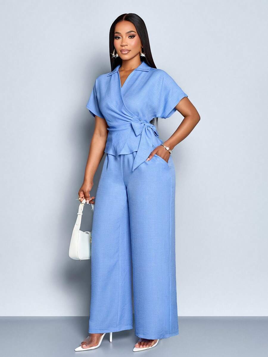SOLERSUN Women's Spring And Summer Casual Commuting Solid Color Two Pieces Set, Irregular Waist Strap, Waist Tight, Daily Travel Two Pieces Set, Simple Set
