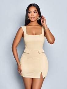 SOLERSUN Spring And Summer Women's Wear Daily Leisure Elegant Commuter Apricot Knitted Fabric Sleeveless Square Neck Open Back Decorative Pocket Cover Cropped Top Hip Fit Short Culottes With Front Slit