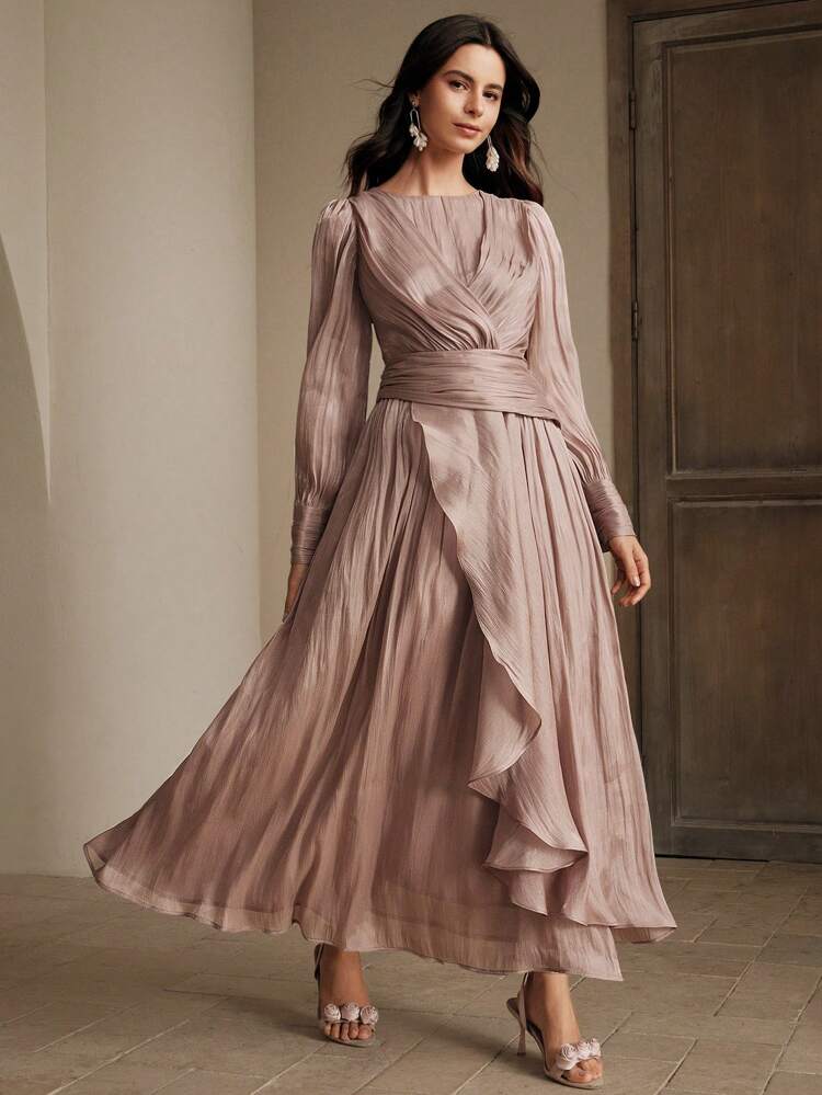 Vestido Longo Elegante de Noite com Decote Transpassado, Babado na Barra, Plissado e Mangas Bufantes para Mulheres