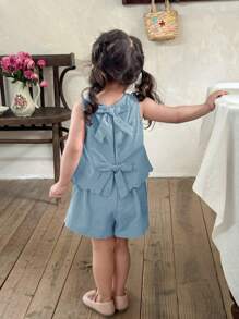 LMoss Kids 2件套女婴纯色圆领休闲上衣和短裤套装 - 藍色 - 查看 1