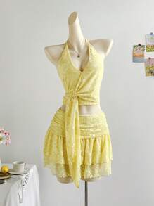 Soleia Bộ 2 món áo crop top hở lưng thắt nút màu vàng và chân váy mini cho nữ, thường ngày - Nhiều màu - Xem 3