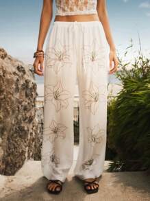 Easelle Damen Gerade geschnittene Lässig Hosen mit Blume Muster für den Urlaub - Weiss - Übersicht 4