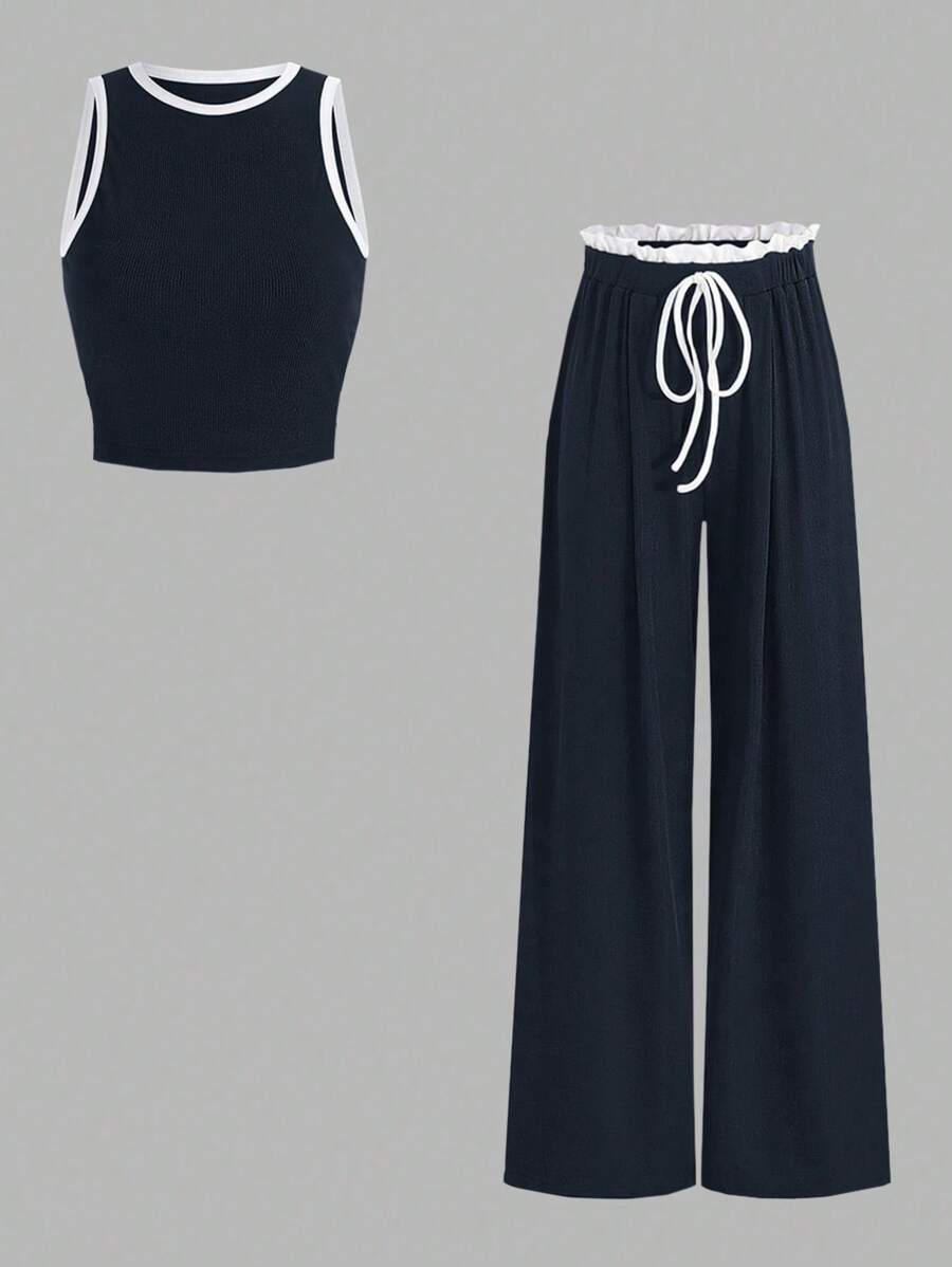 SHEIN Unity 女士两件套休闲夏季上衣,镶边圆领,系带腰裤,荷叶边下摆 - 寶藍色 - 查看 1