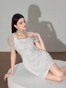 Modelyn 女士优雅蕾丝蝴蝶结珍珠缀饰迷你刺绣连衣裙，生日连衣裙，女士夏季连衣裙，女士派对连衣裙，女士优雅服装，白色连衣裙优雅 - 白色 - 查看 3