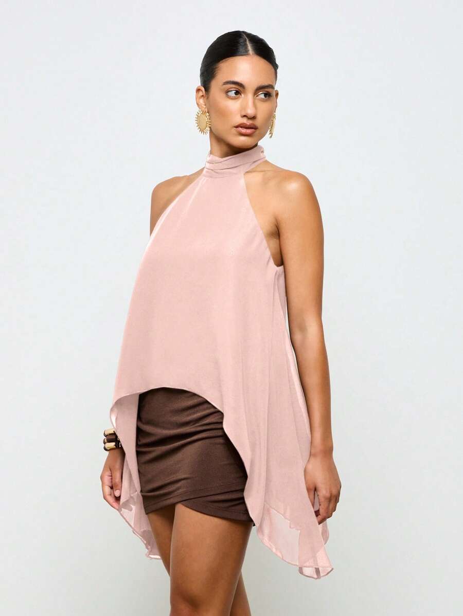 AiiRZ Blusa sin mangas con cuello de halter y caída en cascada, asimétrica, fluida, para eventos de noche, verano, ocasiones especiales, boda, invitada, con espalda de tirantes, de gasa drapeada - Rosa - Ver 1