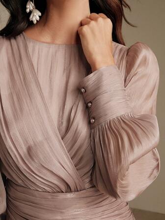 Anewsta Elegantes langes Abendkleid für Damen mit Rüschensaum, gekräuseltem Kragen und langen Ärmeln