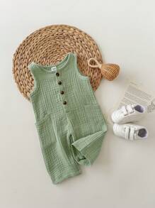 Mono de tirantes de gasa verde casual y versátil para bebé recién nacido niño, adecuado para la playa y salidas - Multicolor - Ver 4